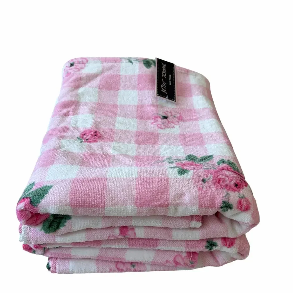Betsey Johnson Pink Gingham Floral Towels 3pc Set 2 Bath 1 Hand 100% Cotton NEW
